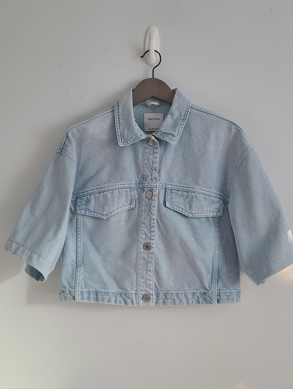 Bershka Women Pale Blue Cropped Denim Jacket Size M